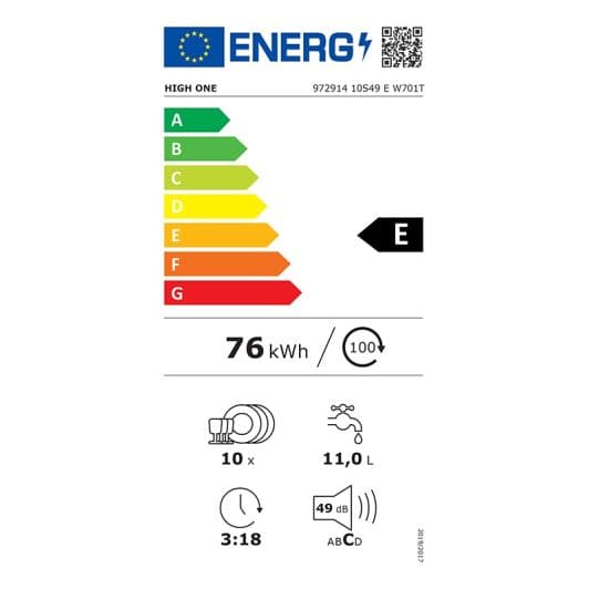 Lave-vaisselle 10 couverts 45 cm HIGH ONE 10S49 E W701T