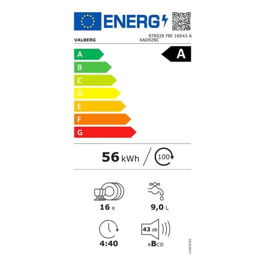 Lave-vaisselle tout intégrable 16 couverts VALBERG FBI 16S43 A XAD929C