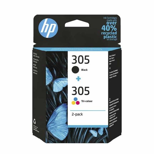 HP 305-pakket met drie kleuren inktpatronen (cyaan, magenta, geel) en één zwart inktpatroon (6ZD17AE)